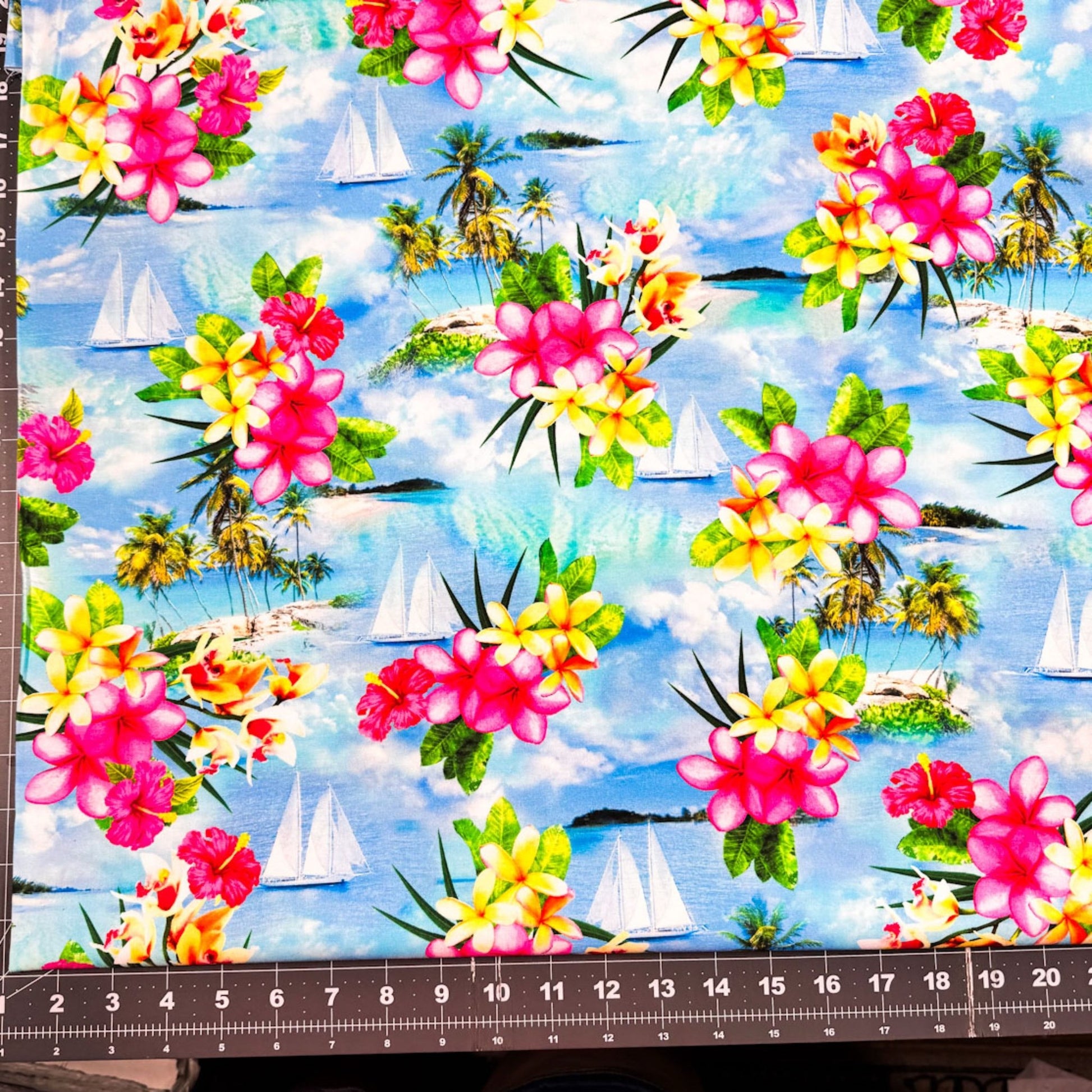 Sky Blue Island Paradise 12897 - 53 Sailboats Palm Trees Floral - Mary Jo Fabrics