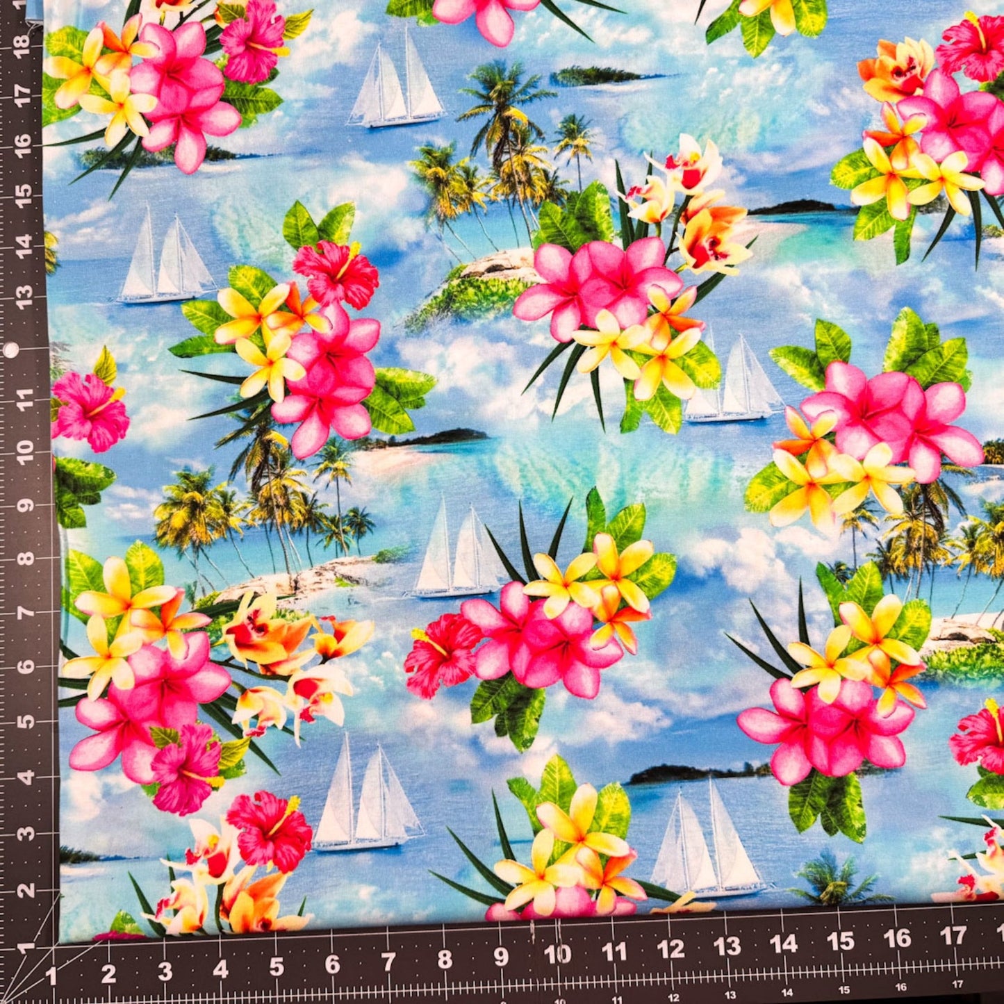 Sky Blue Island Paradise 12897 - 53 Sailboats Palm Trees Floral - Mary Jo Fabrics
