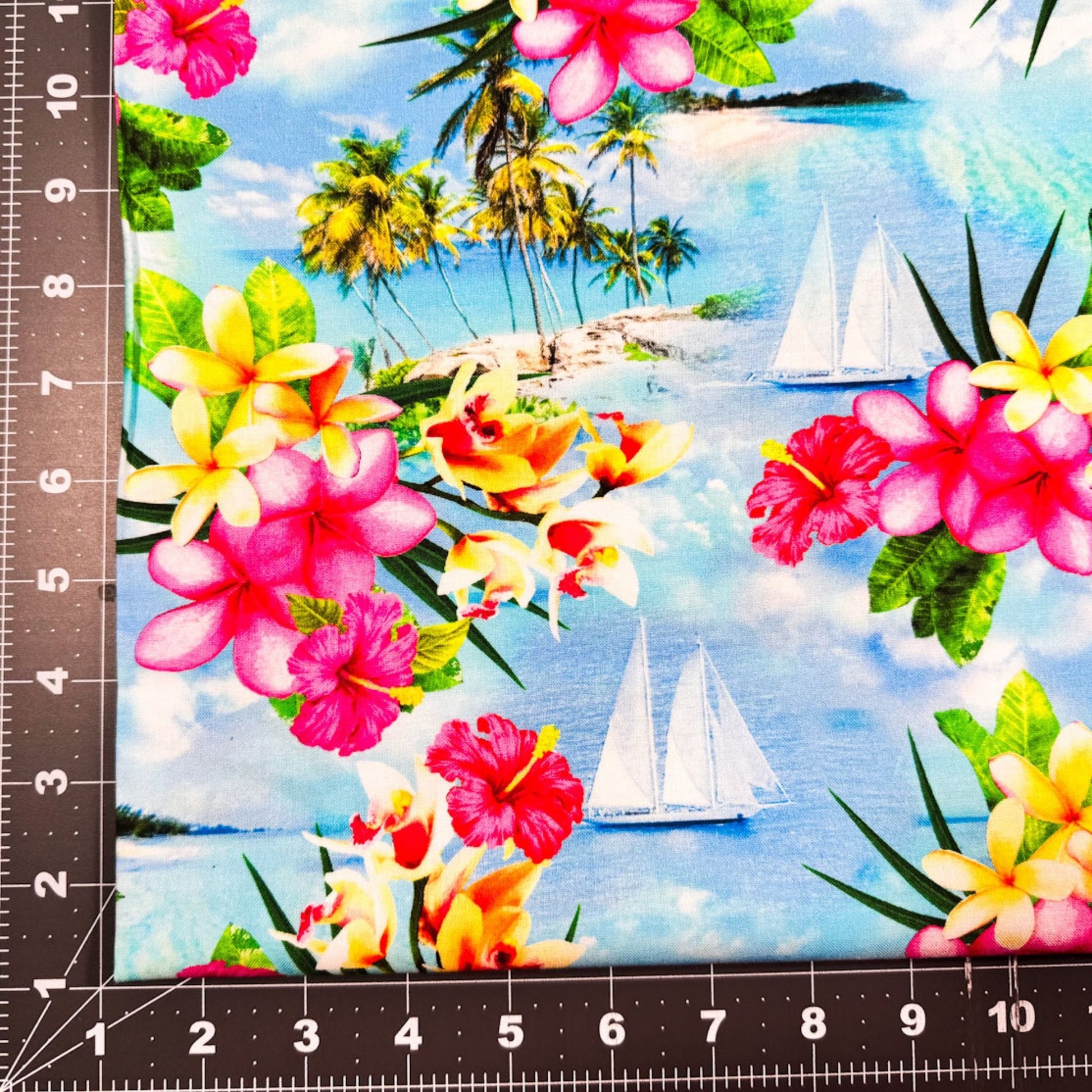 Sky Blue Island Paradise 12897 - 53 Sailboats Palm Trees Floral - Mary Jo Fabrics
