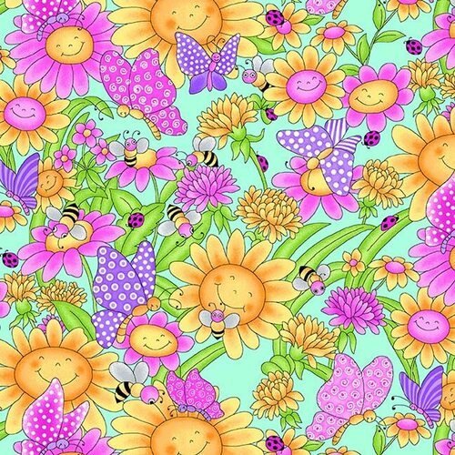 Smiling Daisies and Bees Floral FLANNEL Fabric 1026 - 12 Butterflies too - Mary Jo Fabrics