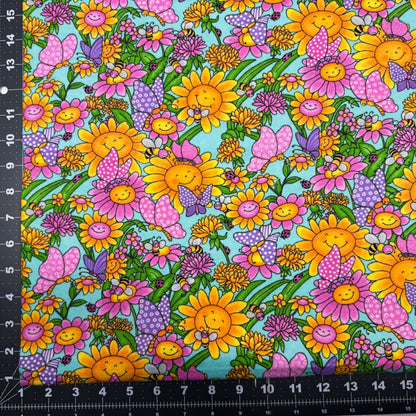 Smiling Daisies and Bees Floral FLANNEL Fabric 1026 - 12 Butterflies too - Mary Jo Fabrics