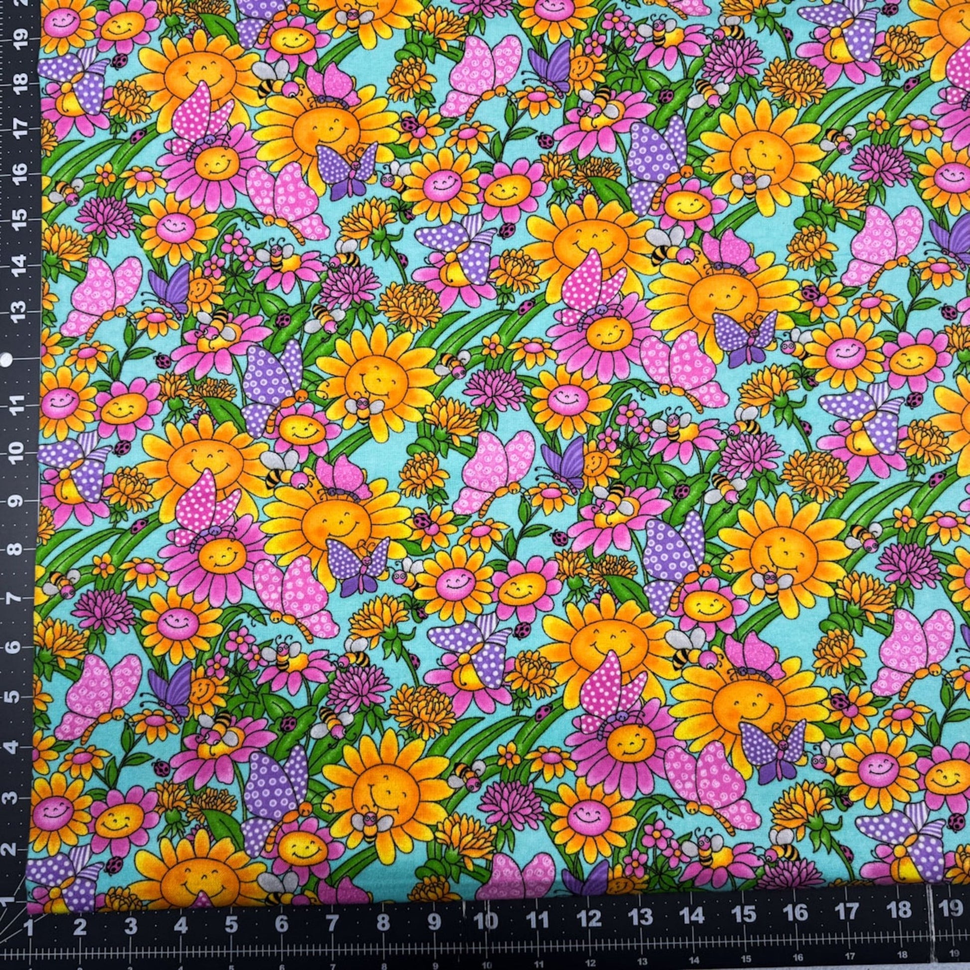 Smiling Daisies and Bees Floral FLANNEL Fabric 1026 - 12 Butterflies too - Mary Jo Fabrics