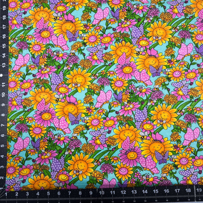 Smiling Daisies and Bees Floral FLANNEL Fabric 1026 - 12 Butterflies too - Mary Jo Fabrics