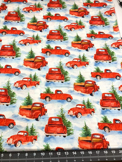 Snowfall on the Range Red Truck Christmas fabric - Mary Jo Fabrics