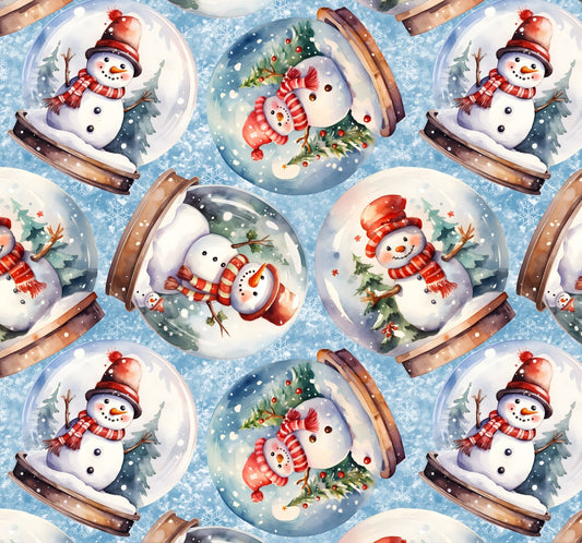Snowman Fabric 7341 Blue Snowglobes Christmas Trees - Mary Jo Fabrics