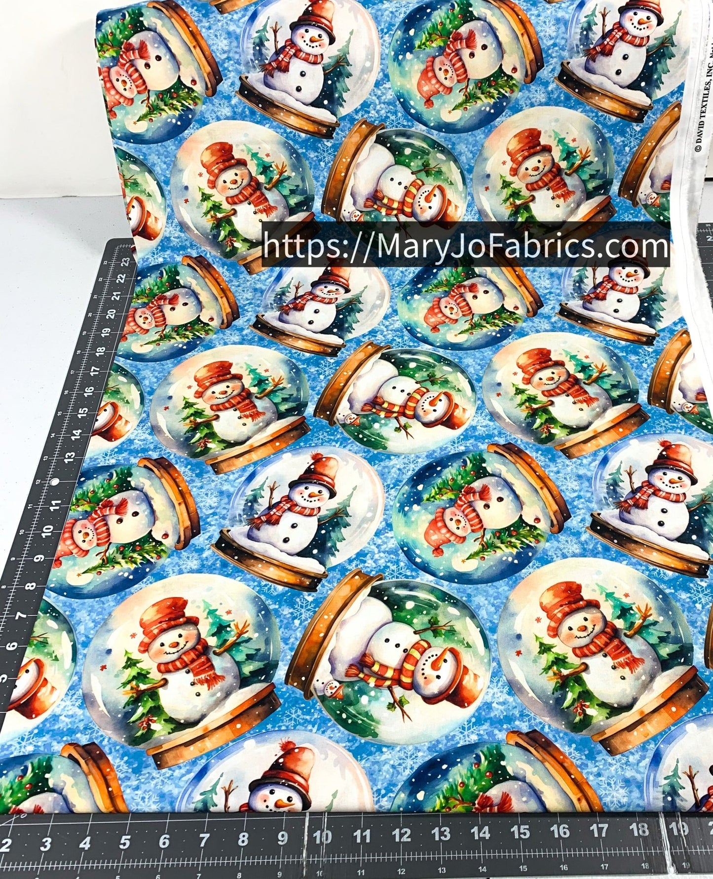 Snowman Fabric 7341 Blue Snowglobes Christmas Trees - Mary Jo Fabrics