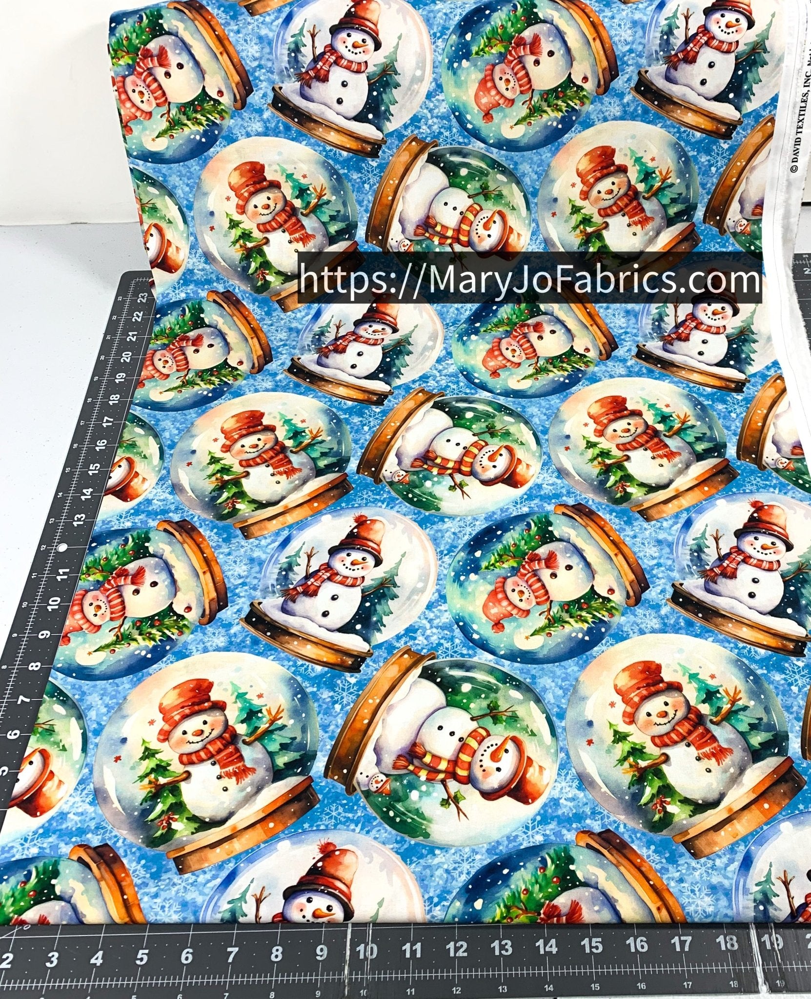 Snowman Fabric 7341 Blue Snowglobes Christmas Trees - Mary Jo Fabrics