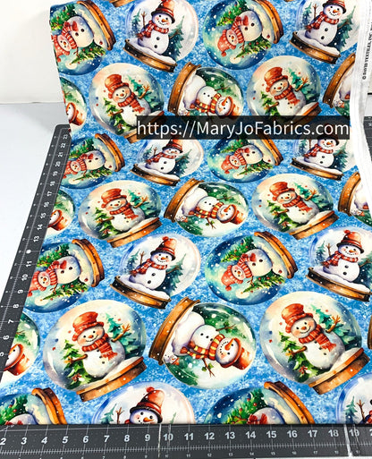 Snowman Fabric 7341 Blue Snowglobes Christmas Trees - Mary Jo Fabrics