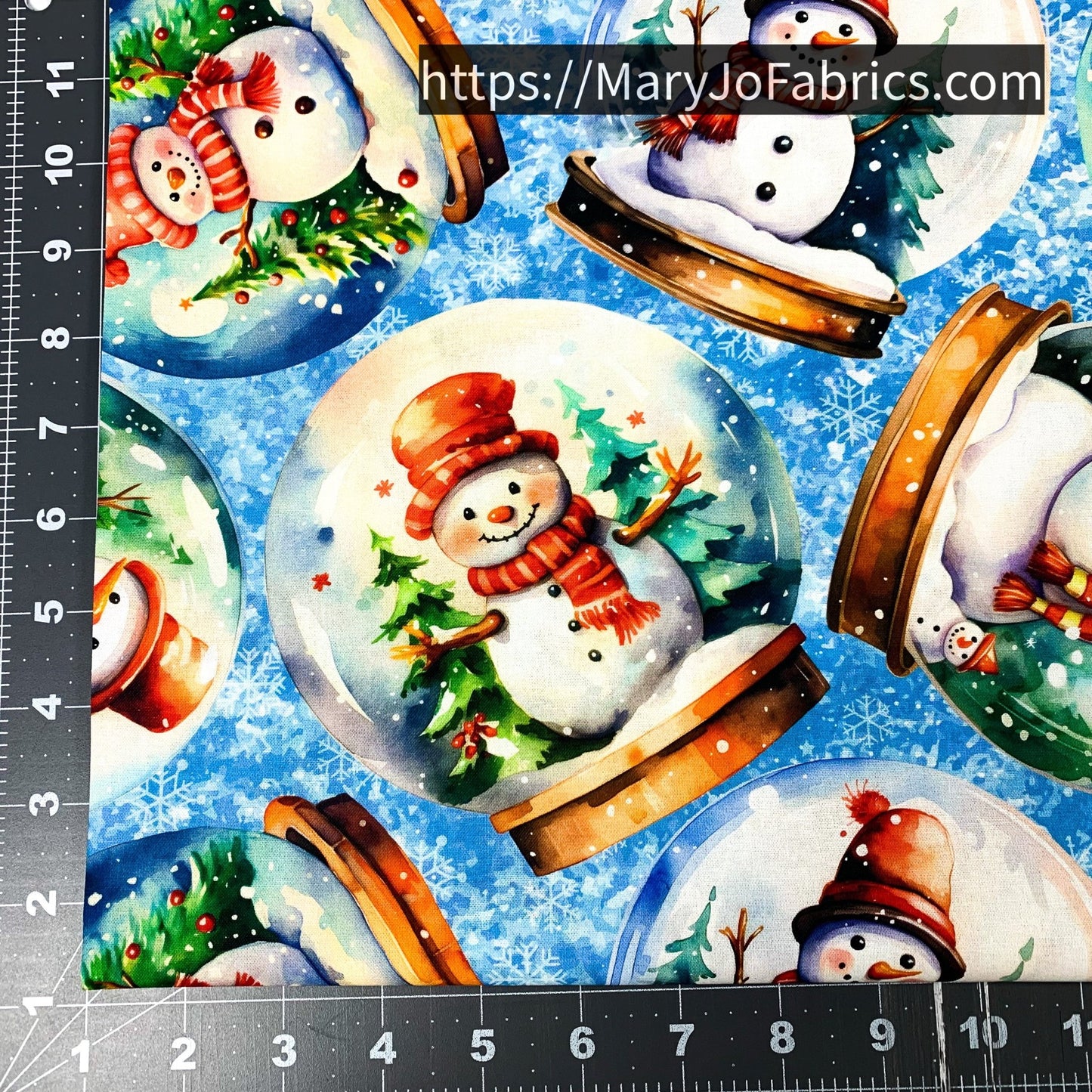 Snowman Fabric 7341 Blue Snowglobes Christmas Trees - Mary Jo Fabrics
