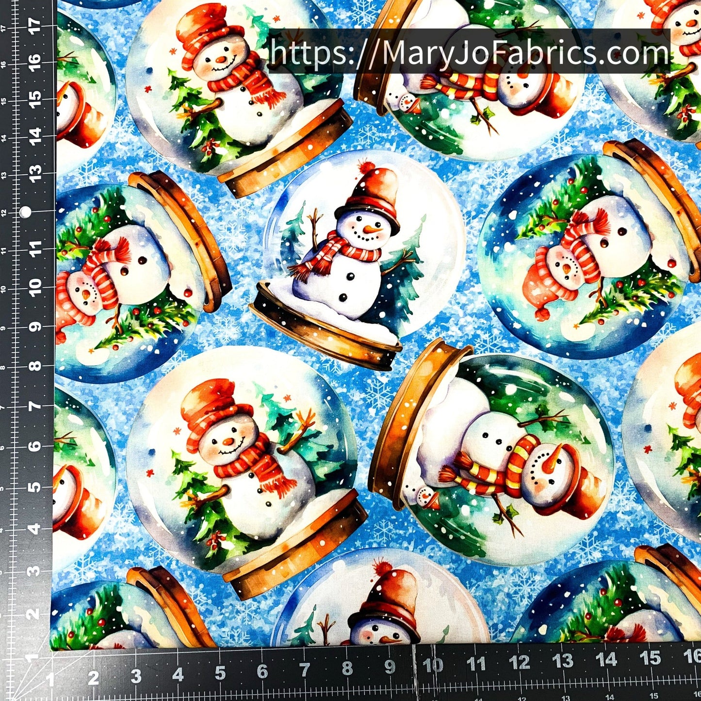 Snowman Fabric 7341 Blue Snowglobes Christmas Trees - Mary Jo Fabrics