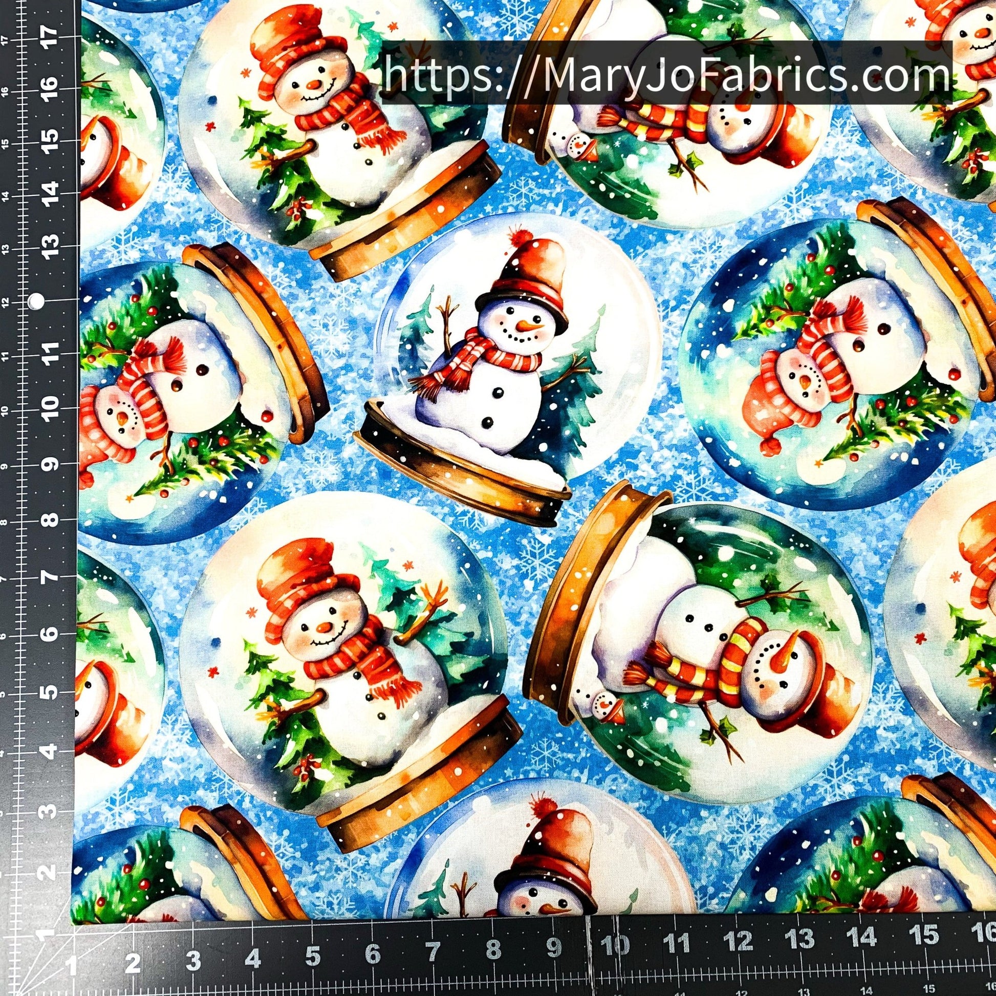 Snowman Fabric 7341 Blue Snowglobes Christmas Trees - Mary Jo Fabrics