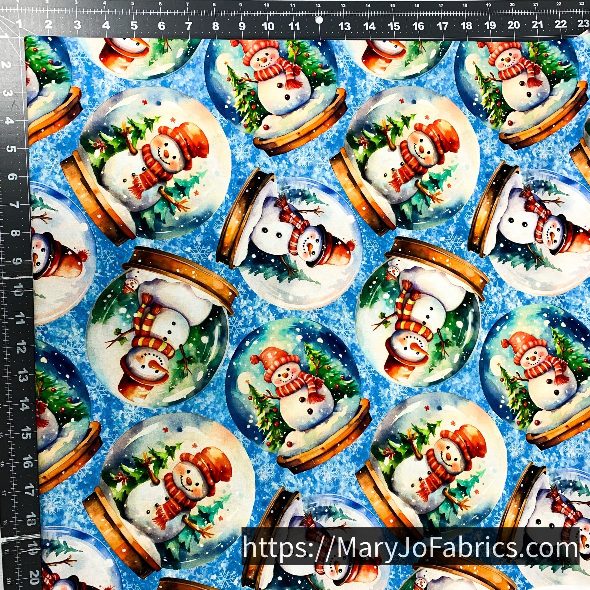 Snowman Fabric 7341 Blue Snowglobes Christmas Trees - Mary Jo Fabrics