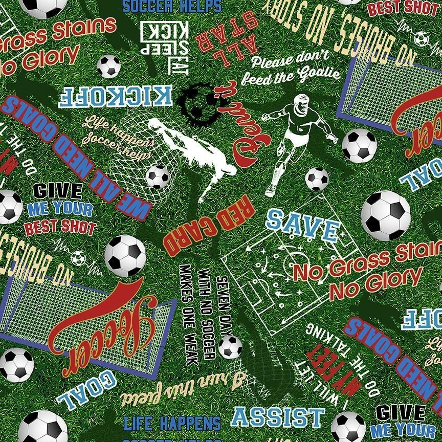 Soccer fabric CD3011 Soccer Balls on Grass Soccer Words - Mary Jo Fabrics