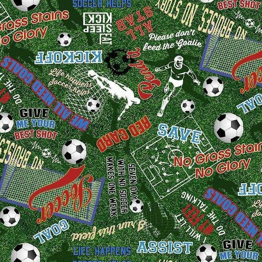 Soccer fabric CD3011 Soccer Balls on Grass Soccer Words - Mary Jo Fabrics