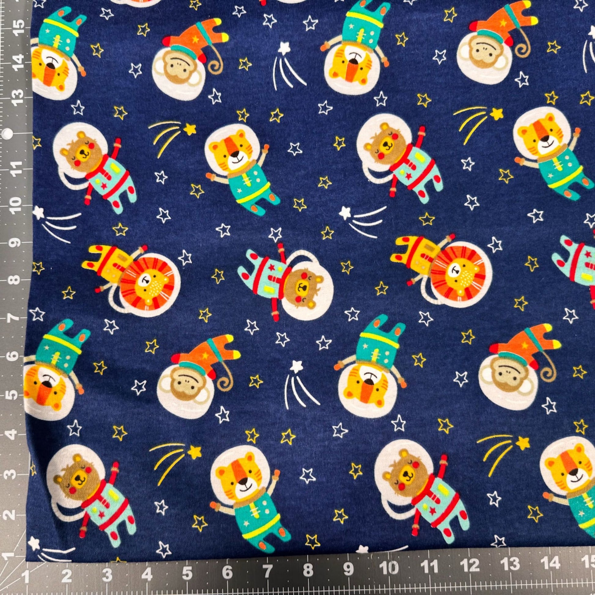 Space Kids Toss FLANNEL DX2555 Blue lion monkey - Mary Jo Fabrics