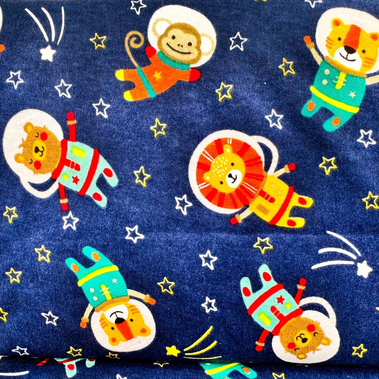 Space Kids Toss FLANNEL DX2555 Blue lion monkey - Mary Jo Fabrics