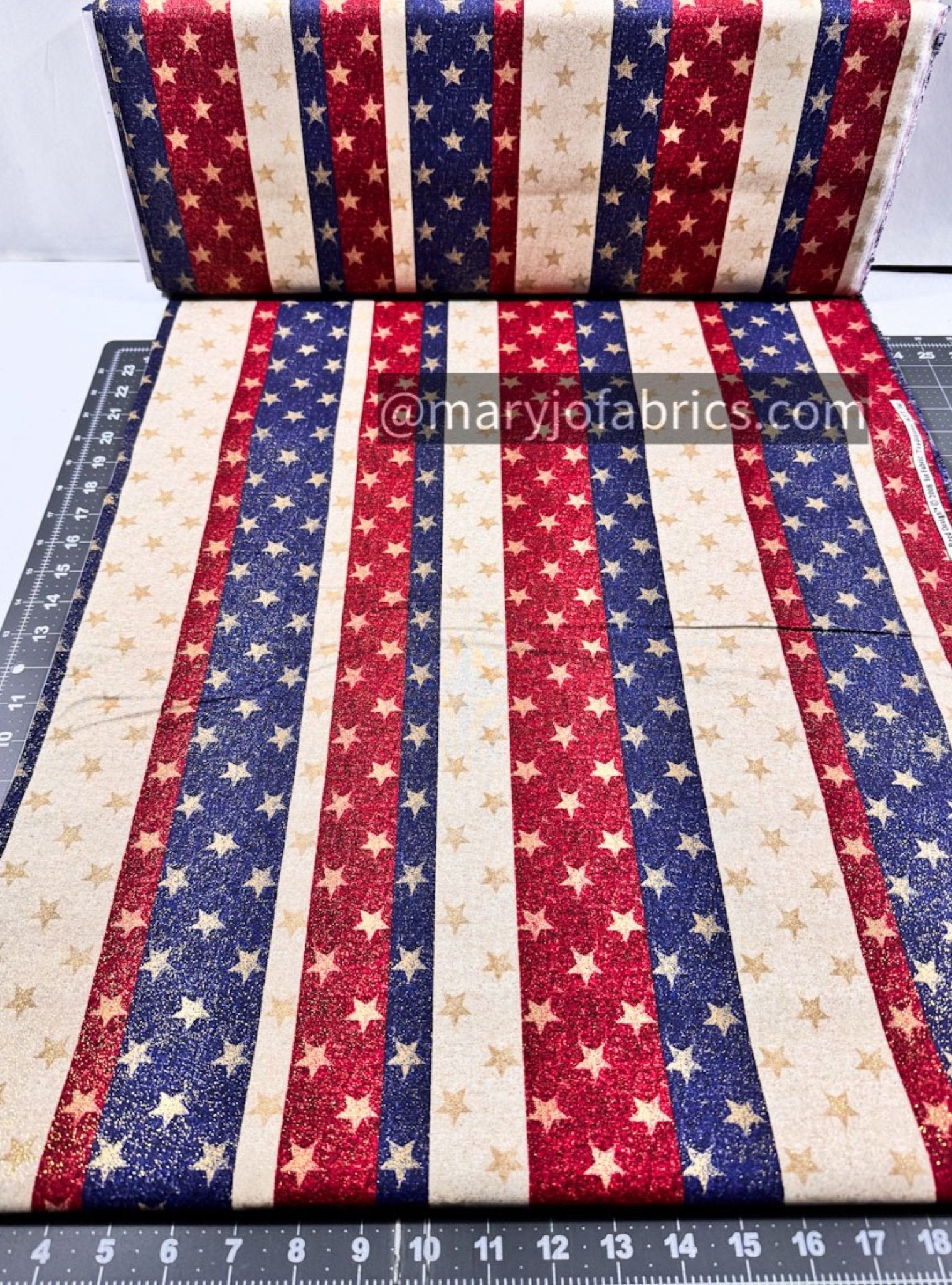 Stars on Stripes Fabric 1358076 Patriotic Gold Glitter - Mary Jo Fabrics