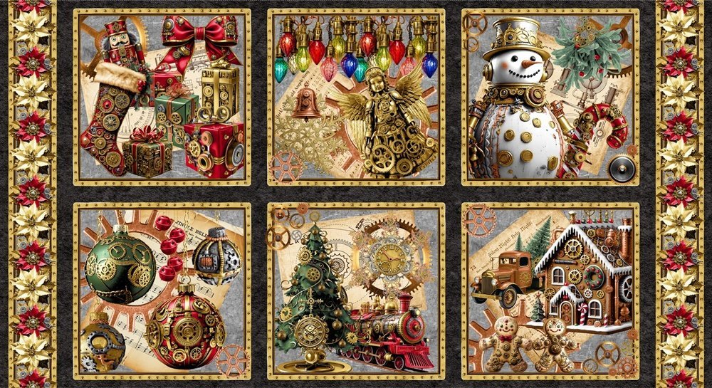 Steampunk Christmas quilt panel 4830B Snowman quilt blocks - Mary Jo Fabrics