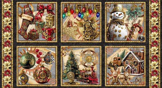 Steampunk Christmas quilt panel 4830B Snowman quilt blocks - Mary Jo Fabrics