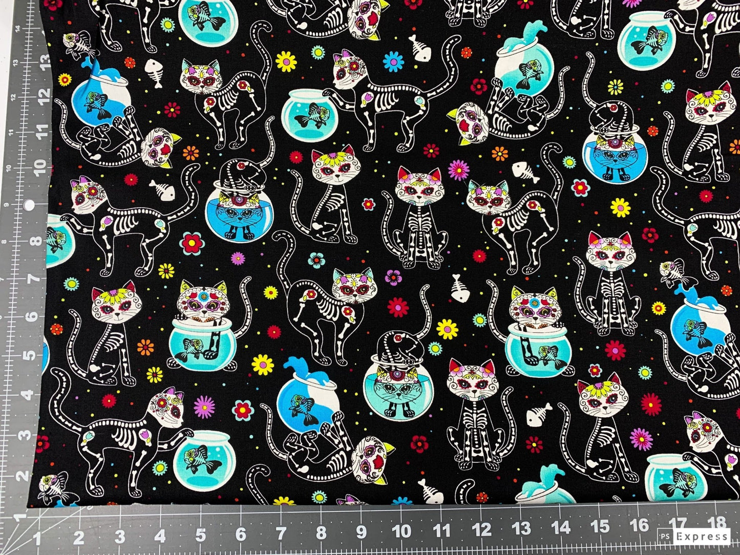 Sugar Skull Cat fabric C4159 skeleton cat cotton fabric w Fish - Mary Jo Fabrics