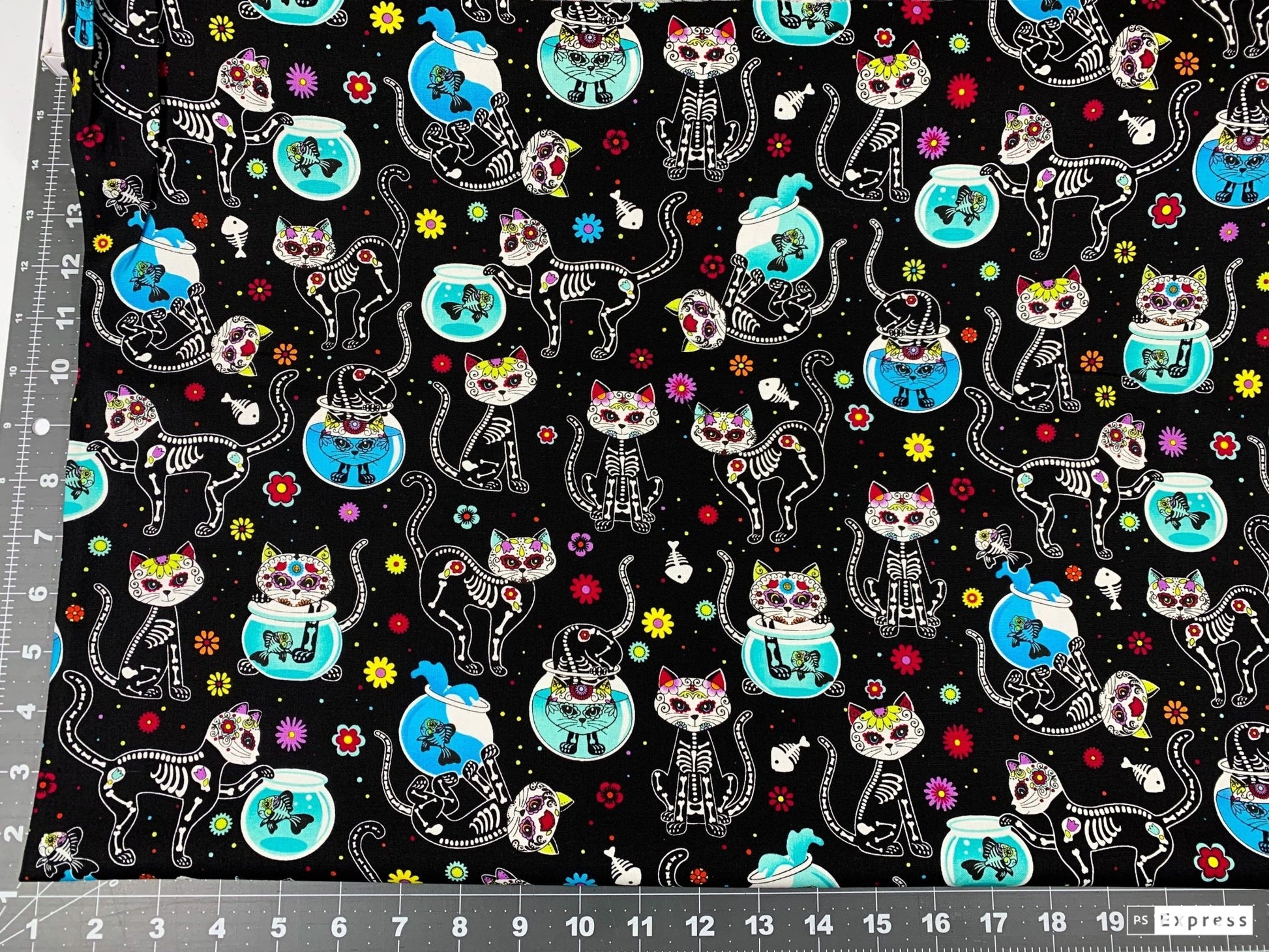 Sugar Skull Cat fabric C4159 skeleton cat cotton fabric w Fish - Mary Jo Fabrics