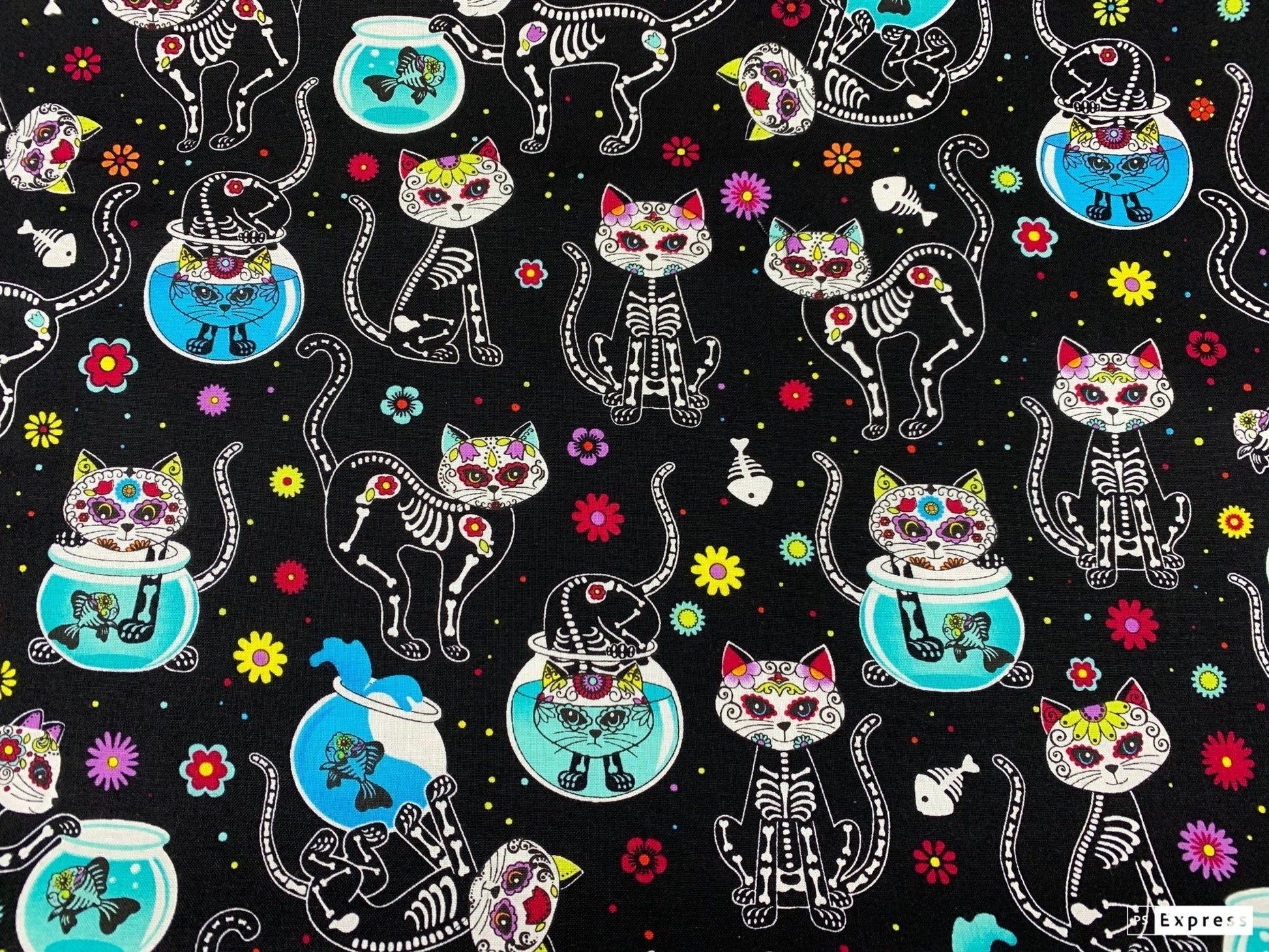 Sugar Skull Cat fabric C4159 skeleton cat cotton fabric w Fish - Mary Jo Fabrics