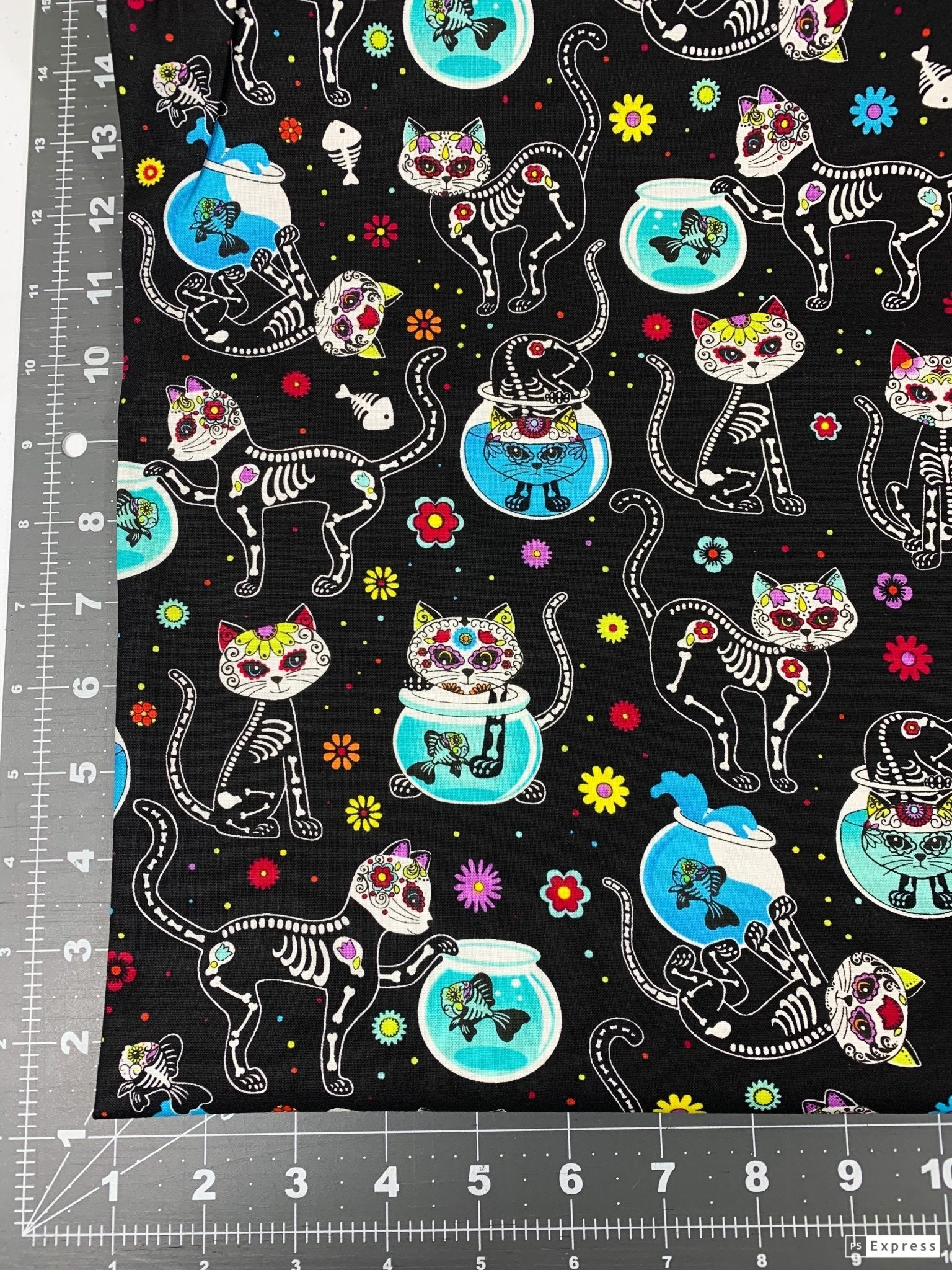 Sugar Skull Cat fabric C4159 skeleton cat cotton fabric w Fish - Mary Jo Fabrics