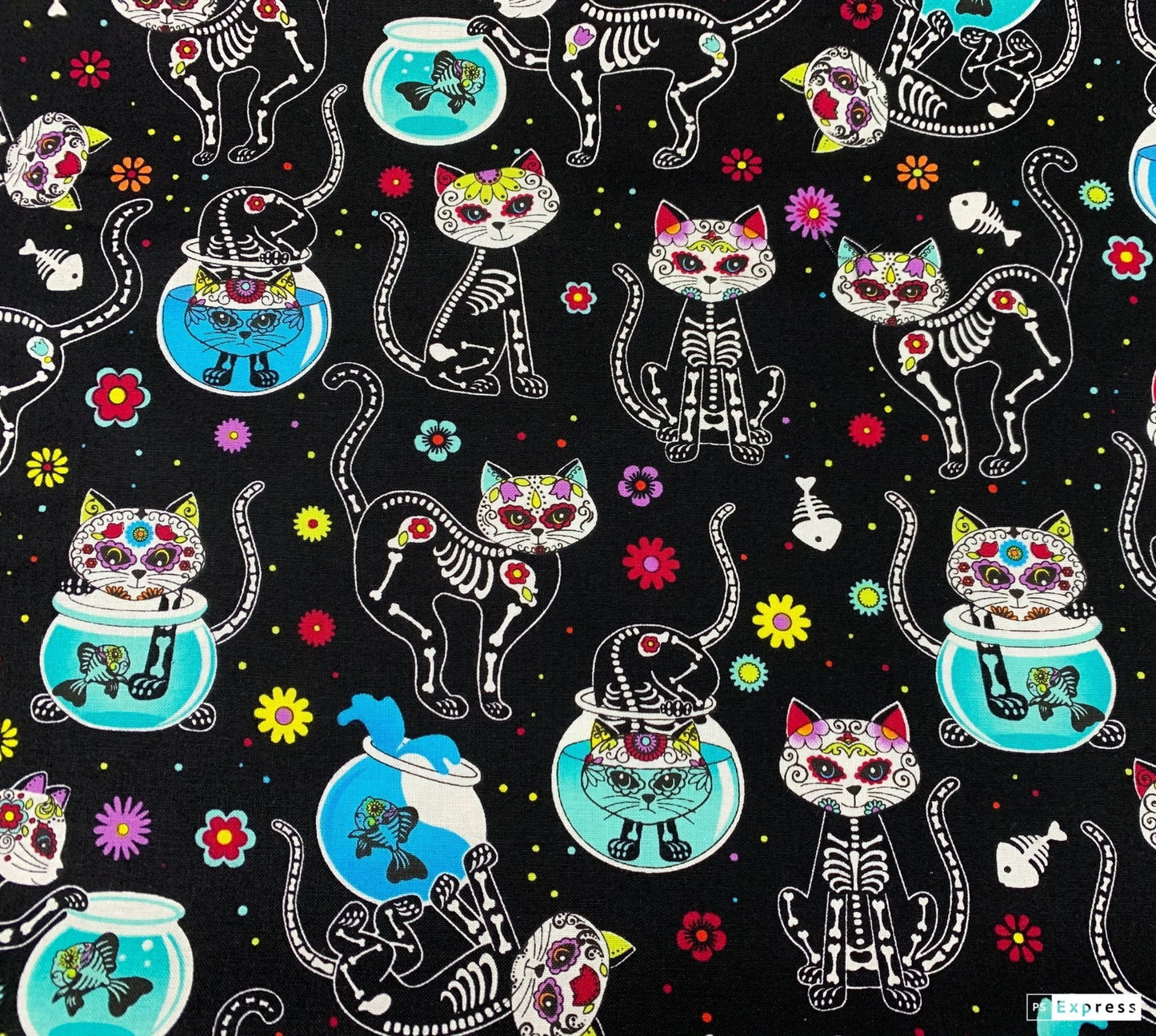 Sugar Skull Cat fabric C4159 skeleton cat cotton fabric w Fish - Mary Jo Fabrics