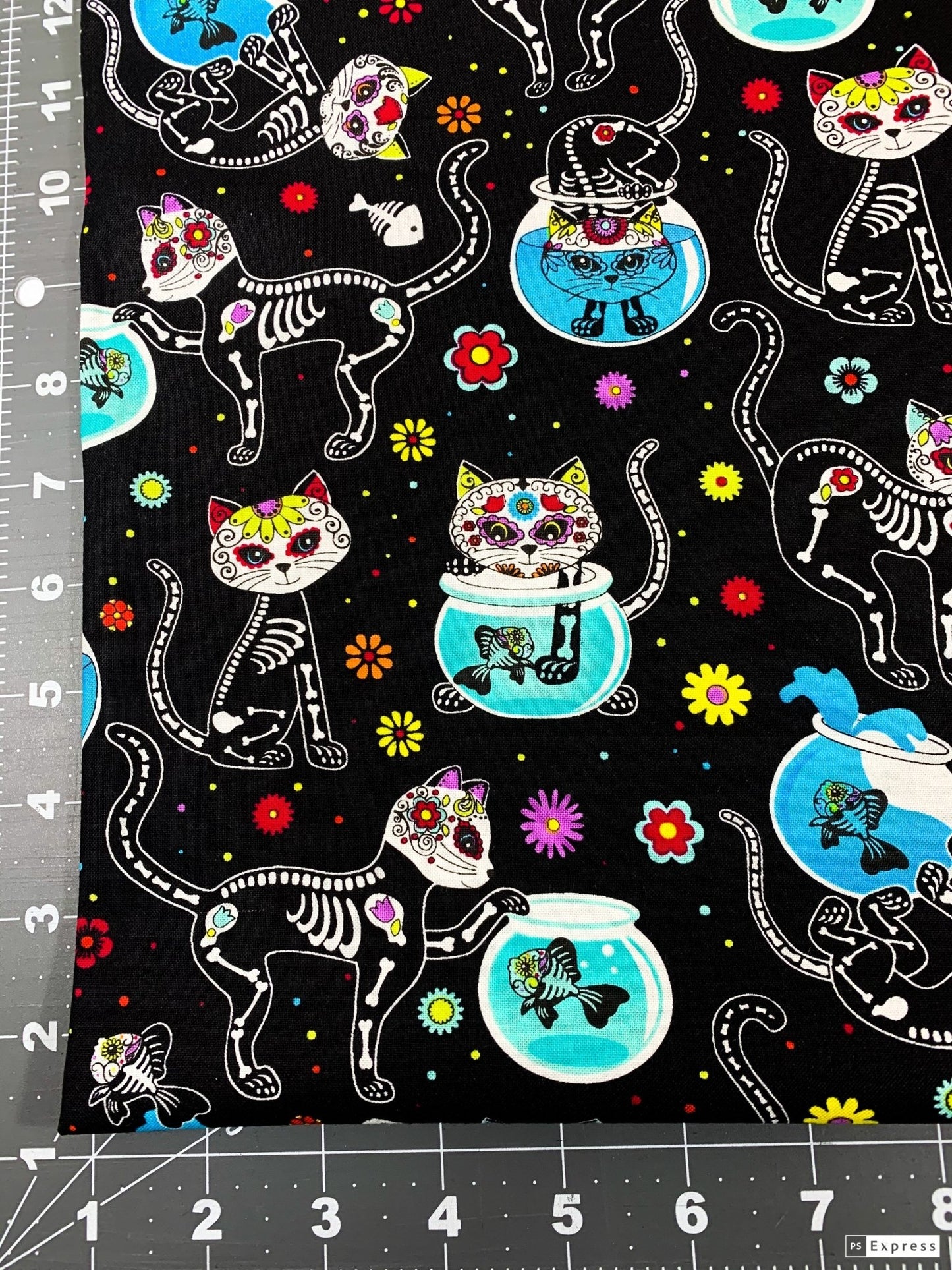 Sugar Skull Cat fabric C4159 skeleton cat cotton fabric w Fish - Mary Jo Fabrics