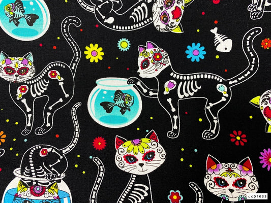 Sugar Skull Cat fabric C4159 skeleton cat cotton fabric w Fish - Mary Jo Fabrics