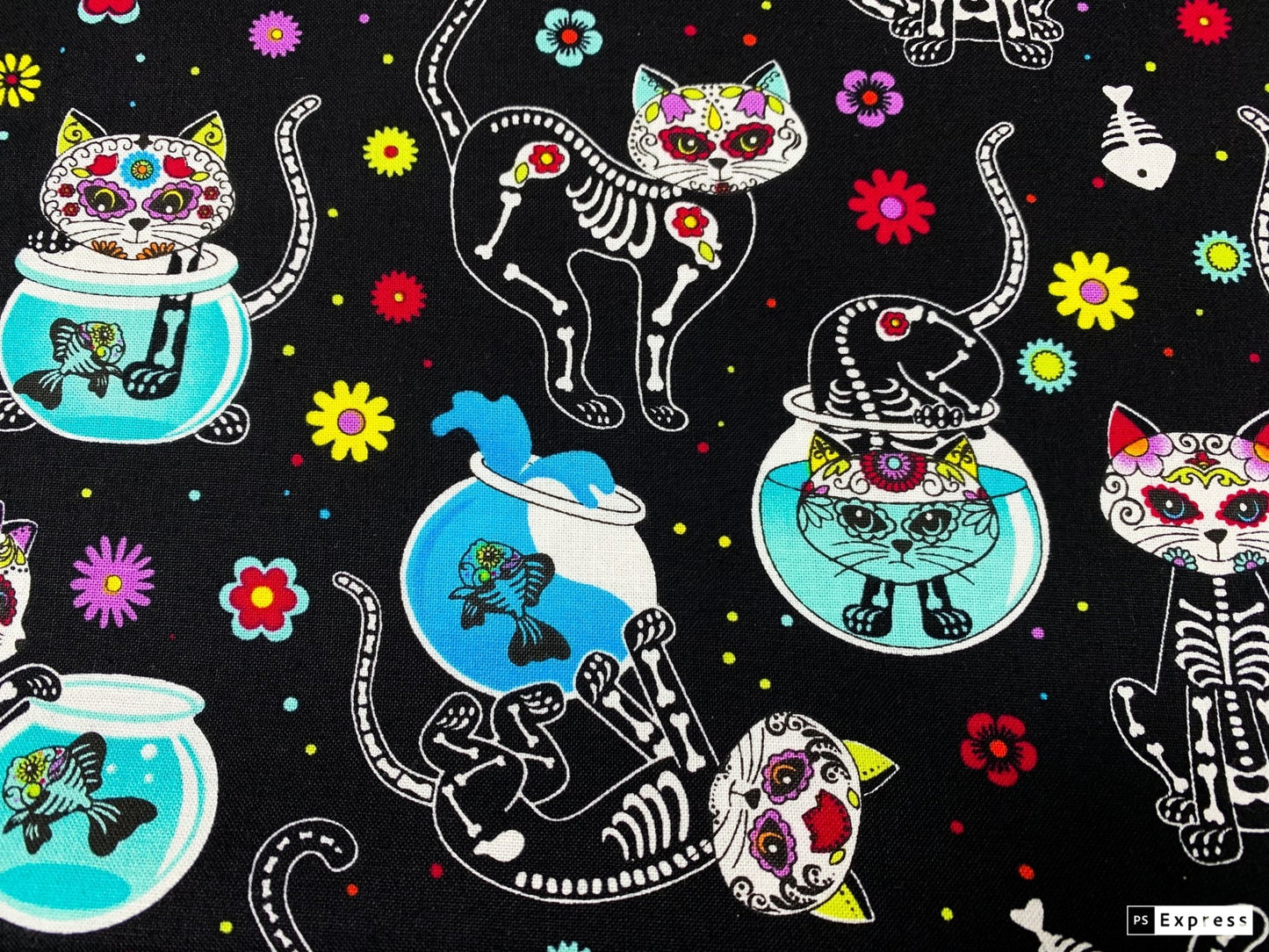 Sugar Skull Cat fabric C4159 skeleton cat cotton fabric w Fish - Mary Jo Fabrics