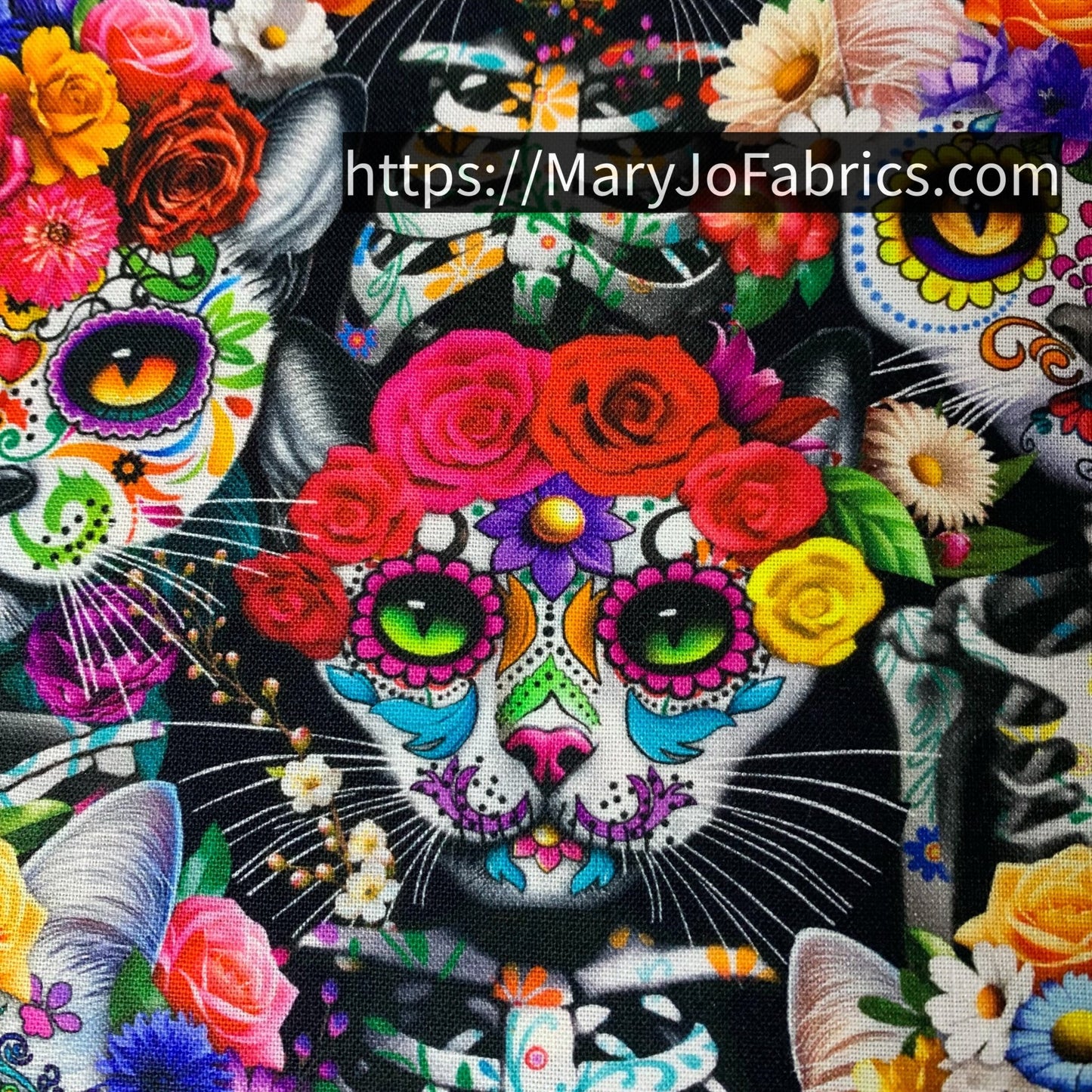 Sugar Skull Cat Fabric CD3601 Cats and Floral - Mary Jo Fabrics