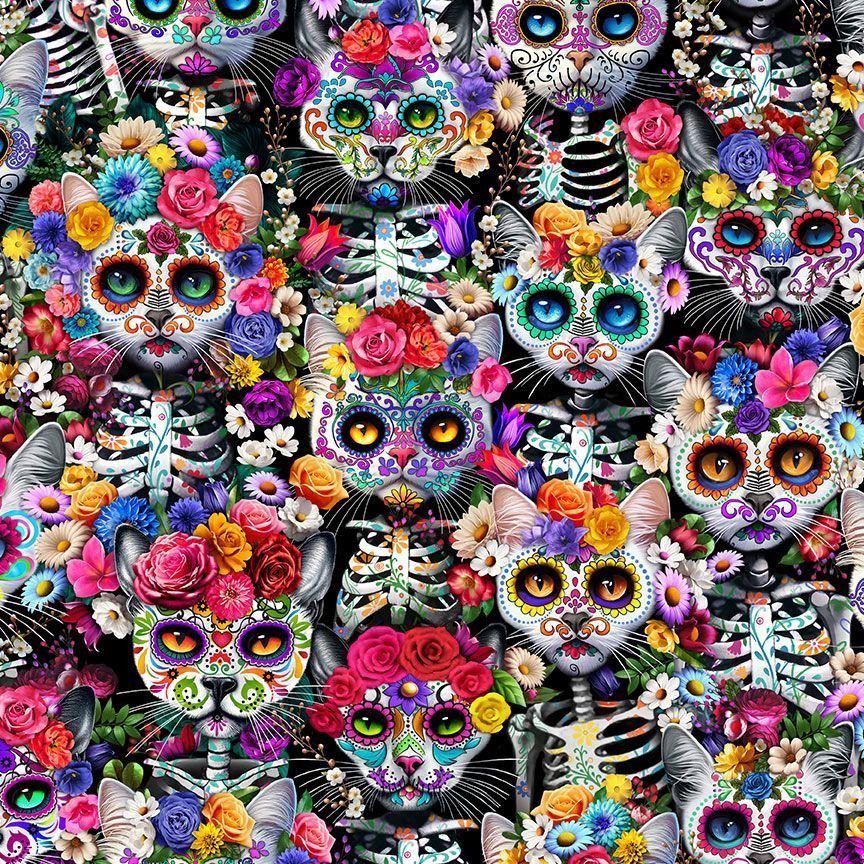 Sugar Skull Cat Fabric CD3601 Cats and Floral - Mary Jo Fabrics