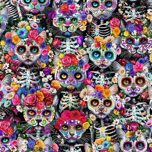 Sugar Skull Cat Fabric CD3601 Cats and Floral - Mary Jo Fabrics