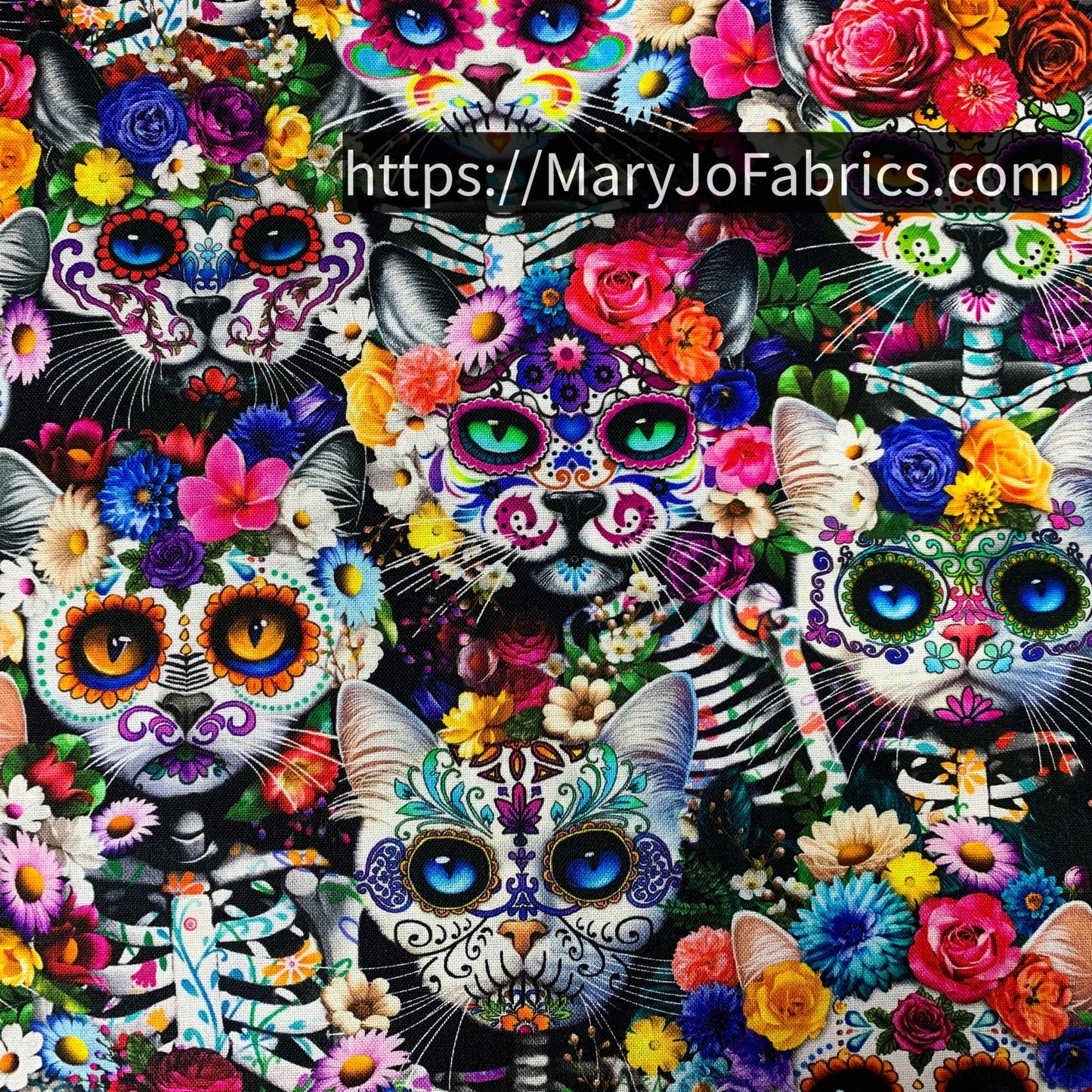 Sugar Skull Cat Fabric CD3601 Cats and Floral - Mary Jo Fabrics