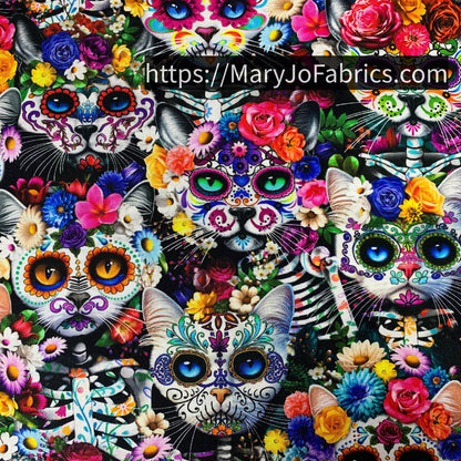 Sugar Skull Cat Fabric CD3601 Cats and Floral - Mary Jo Fabrics