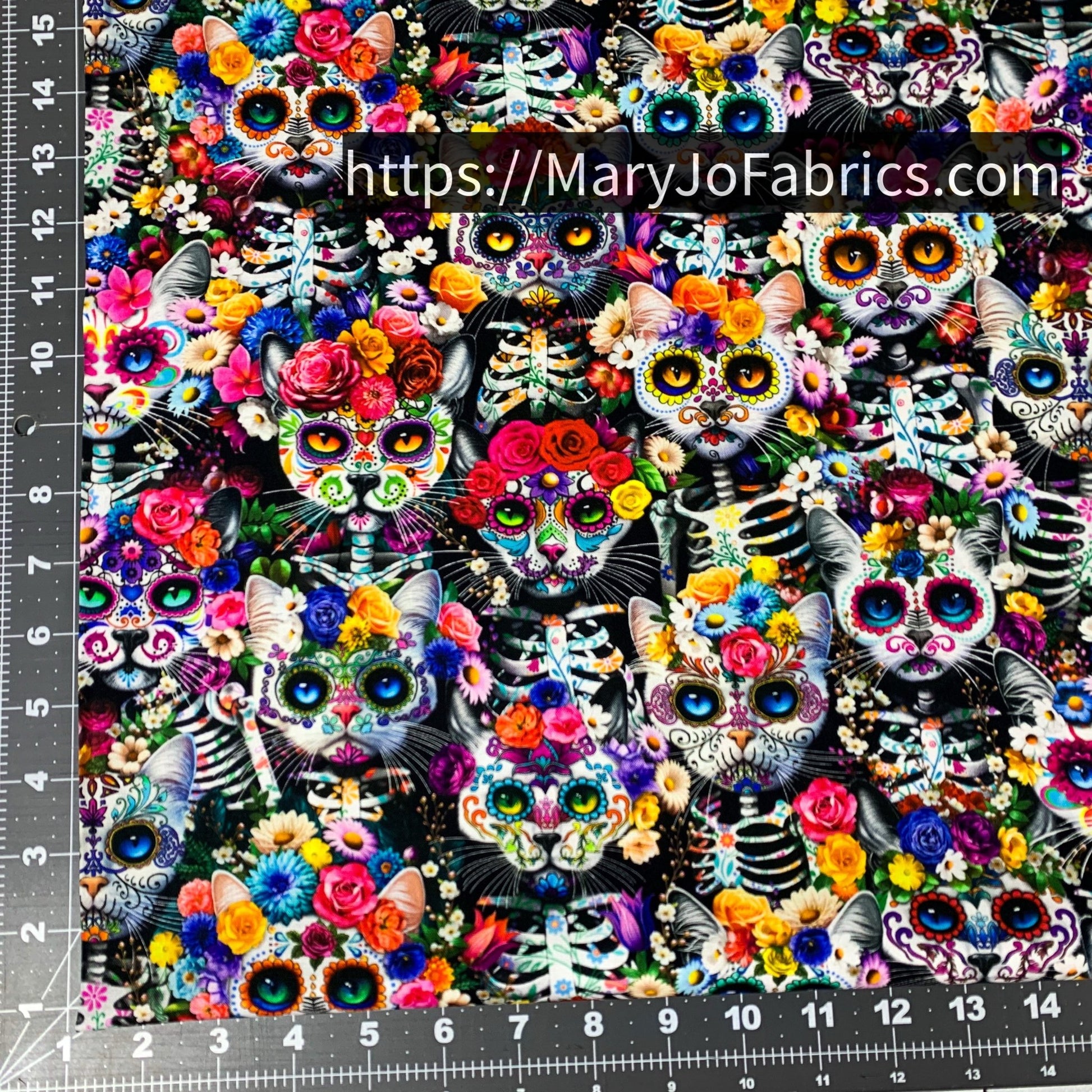 Sugar Skull Cat Fabric CD3601 Cats and Floral - Mary Jo Fabrics