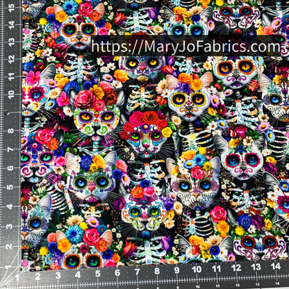 Sugar Skull Cat Fabric CD3601 Cats and Floral - Mary Jo Fabrics