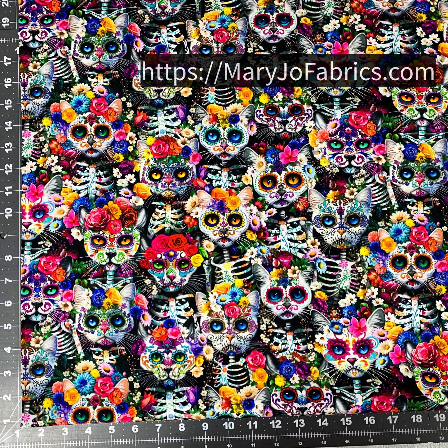 Sugar Skull Cat Fabric CD3601 Cats and Floral - Mary Jo Fabrics