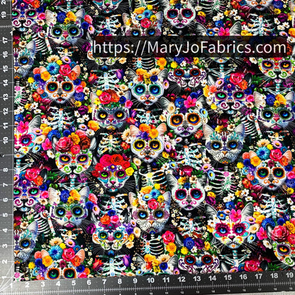 Sugar Skull Cat Fabric CD3601 Cats and Floral - Mary Jo Fabrics