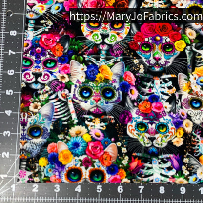 Sugar Skull Cat Fabric CD3601 Cats and Floral - Mary Jo Fabrics