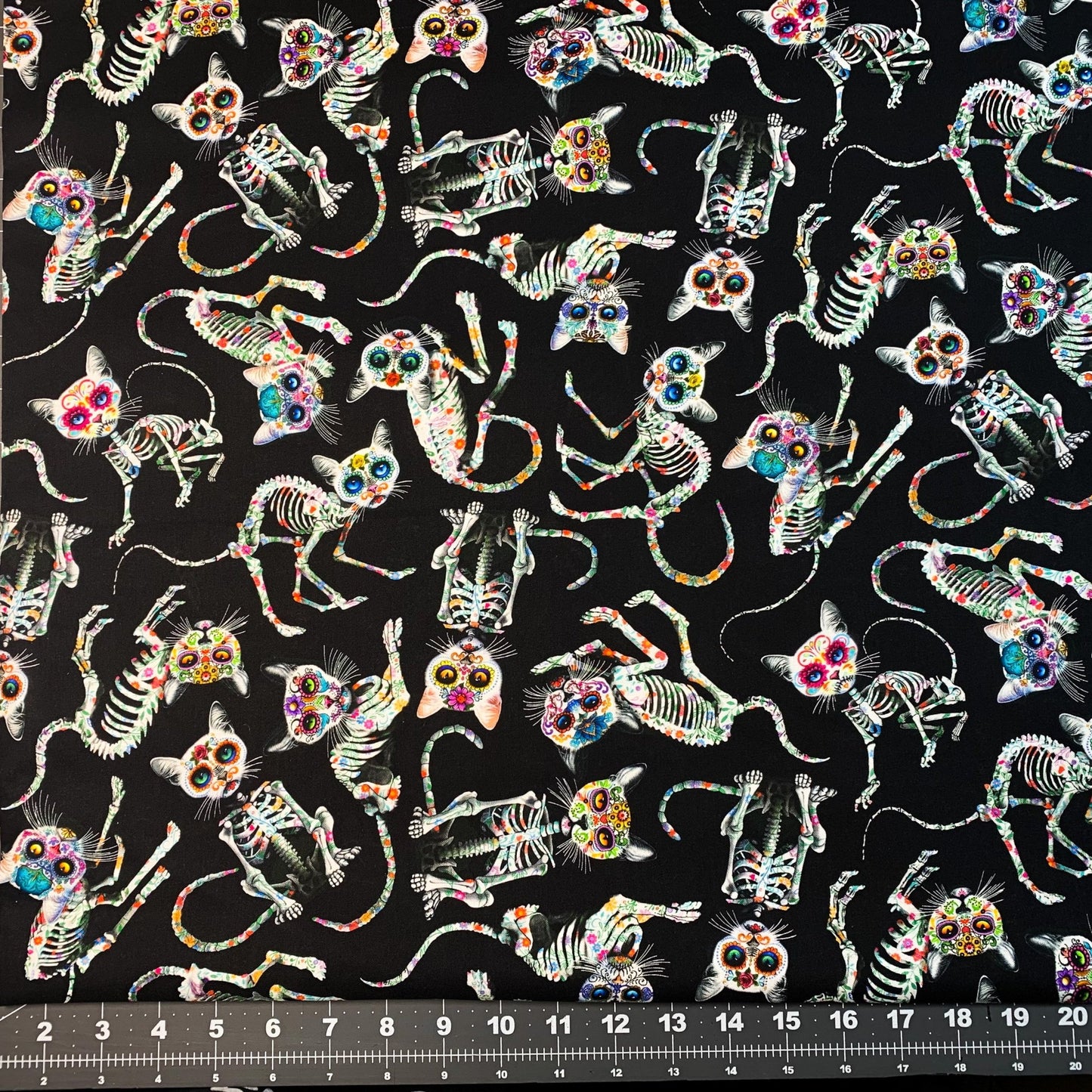Sugar Skull Cat fabric CD3602 Skeleton cat cotton fabric - Mary Jo Fabrics