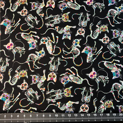Sugar Skull Cat fabric CD3602 Skeleton cat cotton fabric - Mary Jo Fabrics