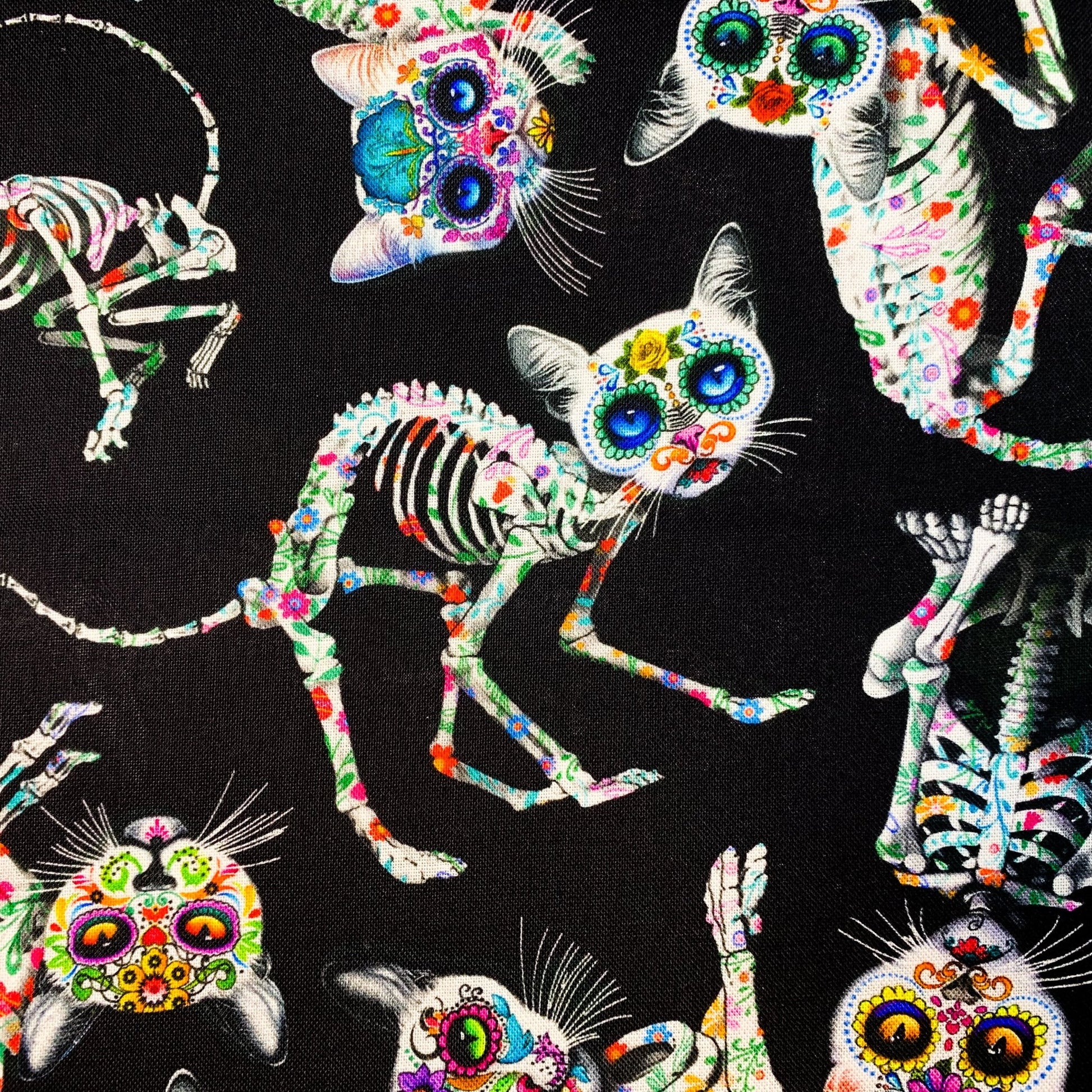 Sugar Skull Cat fabric CD3602 Skeleton cat cotton fabric - Mary Jo Fabrics
