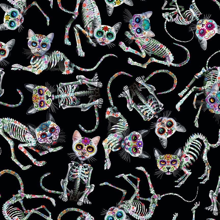 Sugar Skull Cat fabric CD3602 Skeleton cat cotton fabric - Mary Jo Fabrics