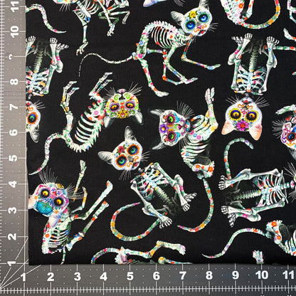 Sugar Skull Cat fabric CD3602 Skeleton cat cotton fabric - Mary Jo Fabrics