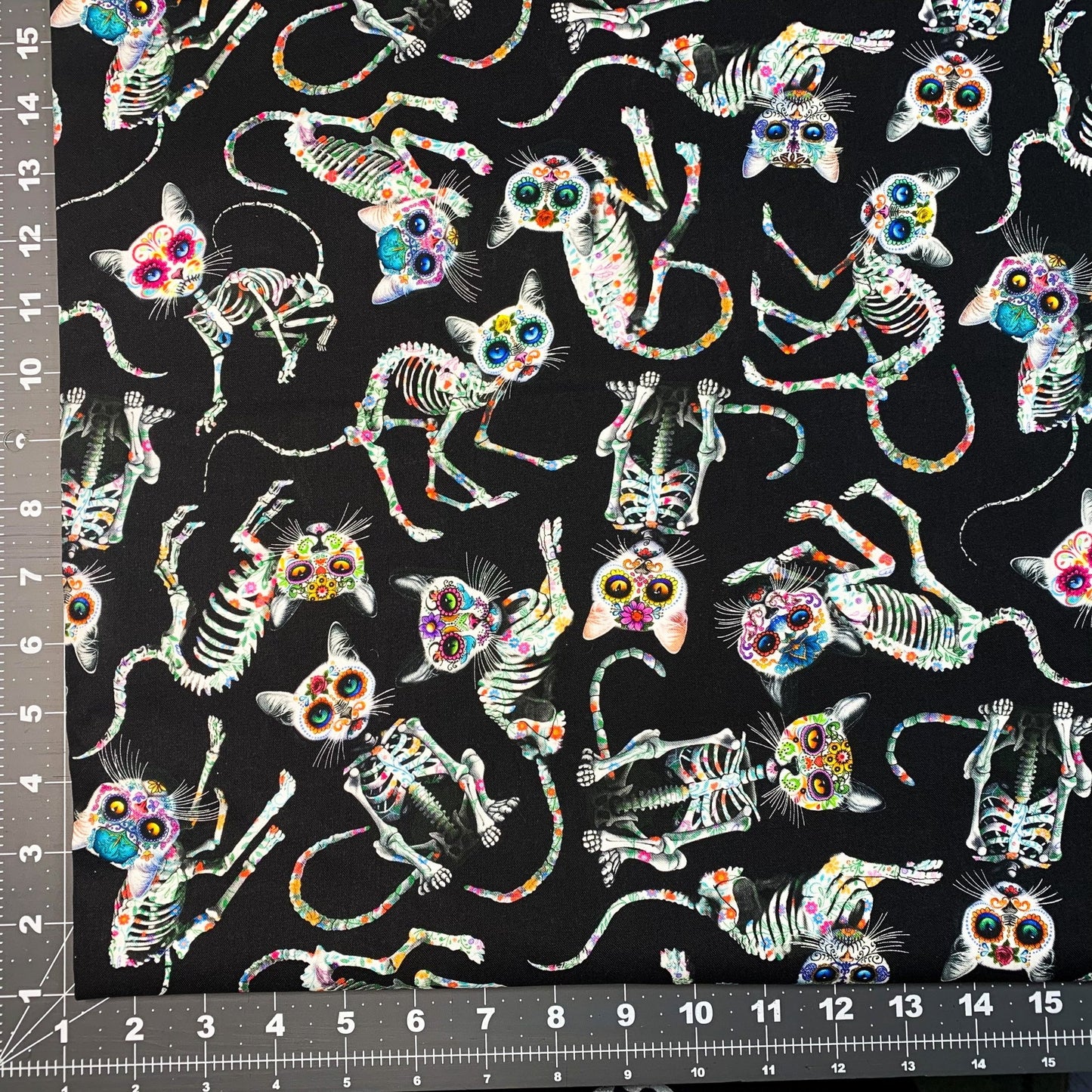Sugar Skull Cat fabric CD3602 Skeleton cat cotton fabric - Mary Jo Fabrics