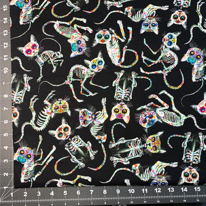 Sugar Skull Cat fabric CD3602 Skeleton cat cotton fabric - Mary Jo Fabrics