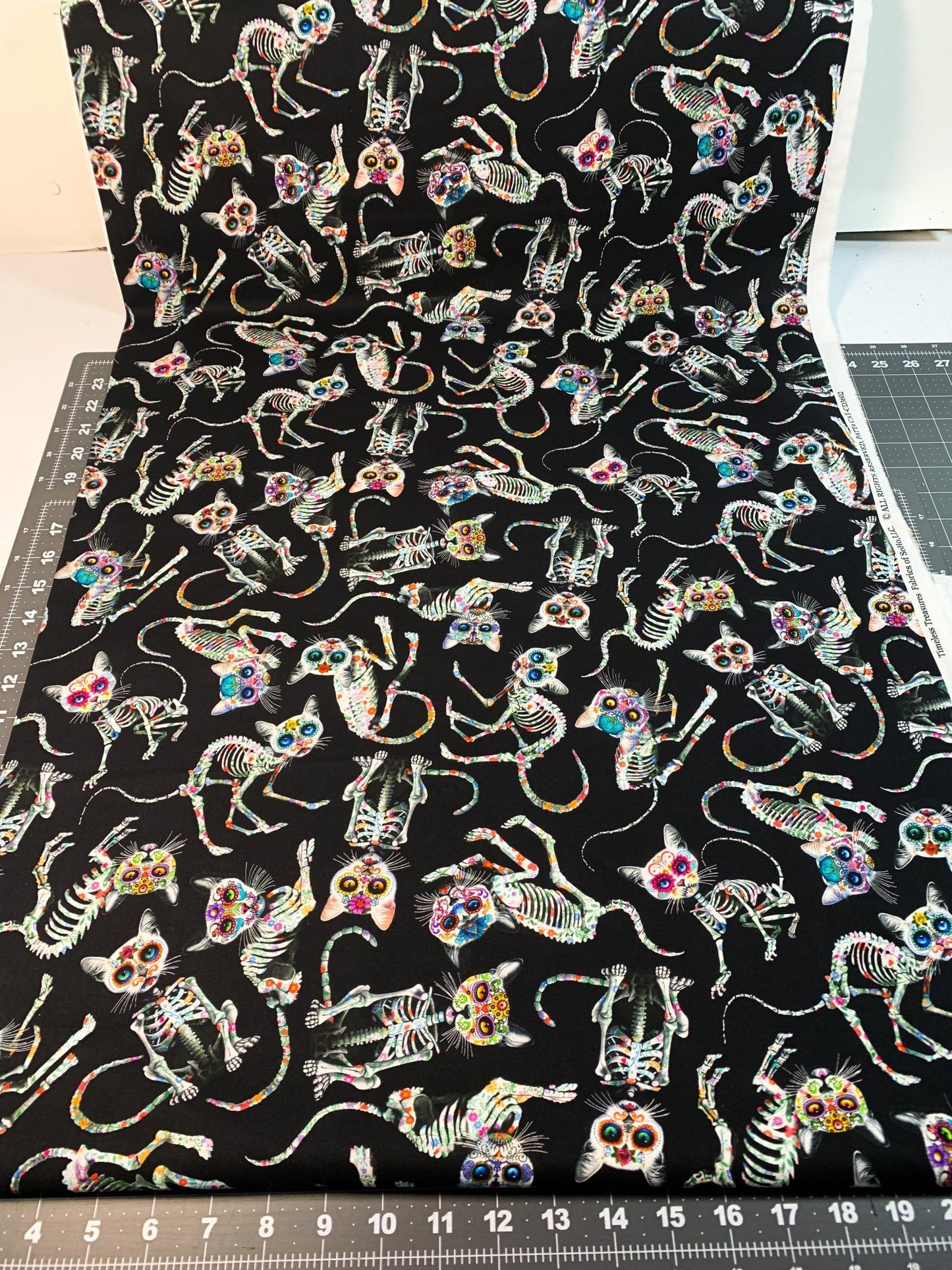 Sugar Skull Cat fabric CD3602 Skeleton cat cotton fabric - Mary Jo Fabrics
