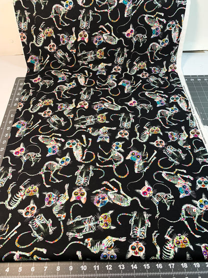 Sugar Skull Cat fabric CD3602 Skeleton cat cotton fabric - Mary Jo Fabrics